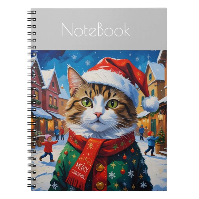 Festive Christmas Cat in Santa Hat Notebook (Front)