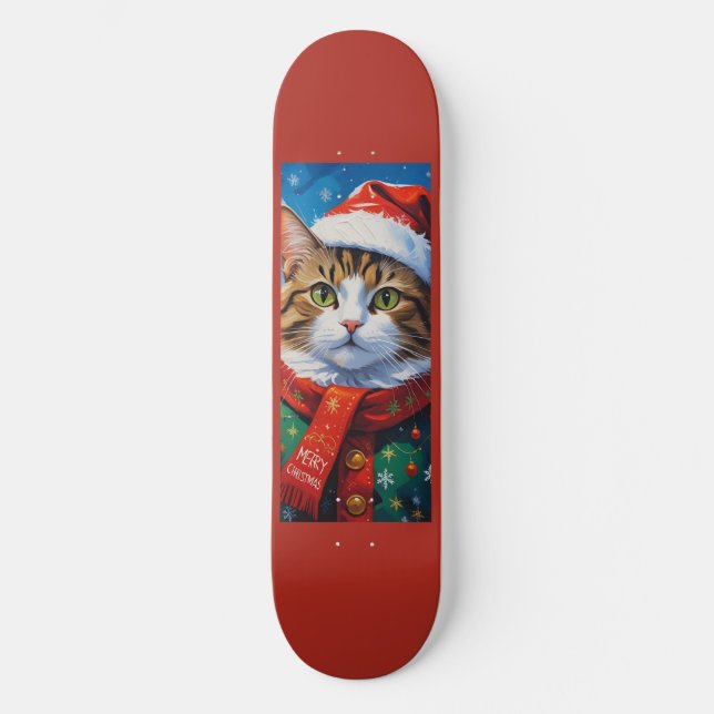 Festive Christmas Cat in Santa Hat Skateboard (Front)