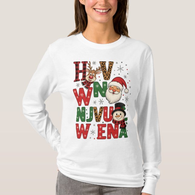 Festive Christmas Characters Letter Art T-Shirt (Front)