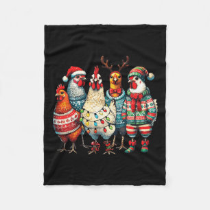 Festive Christmas Chickens Hat Lights Farm Animal Fleece Blanket