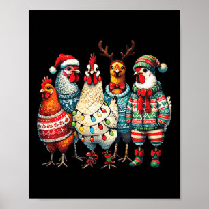 Festive Christmas Chickens Hat Lights Farm Animal Poster