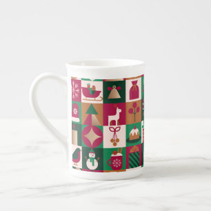 Festive Christmas Collage Of Gifts, Trees, Ornamen Bone China Mug