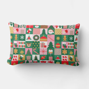 Festive Christmas Collage Of Gifts, Trees, Ornamen Lumbar Cushion