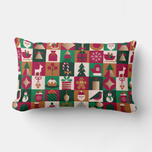Festive Christmas Collage Of Gifts, Trees, Ornamen Lumbar Cushion