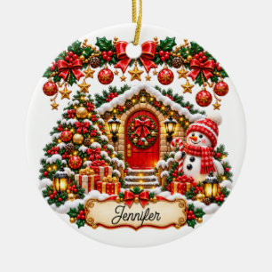 Festive Christmas Cottage with Snowman and Editabl Ceramic Tree Decoration