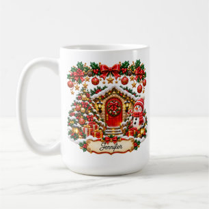 Festive Christmas Cottage with Snowman and Editabl Coffee Mug