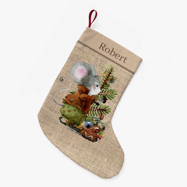Festive Christmas Country mouse add name Small Christmas Stocking (Front (Hanging))
