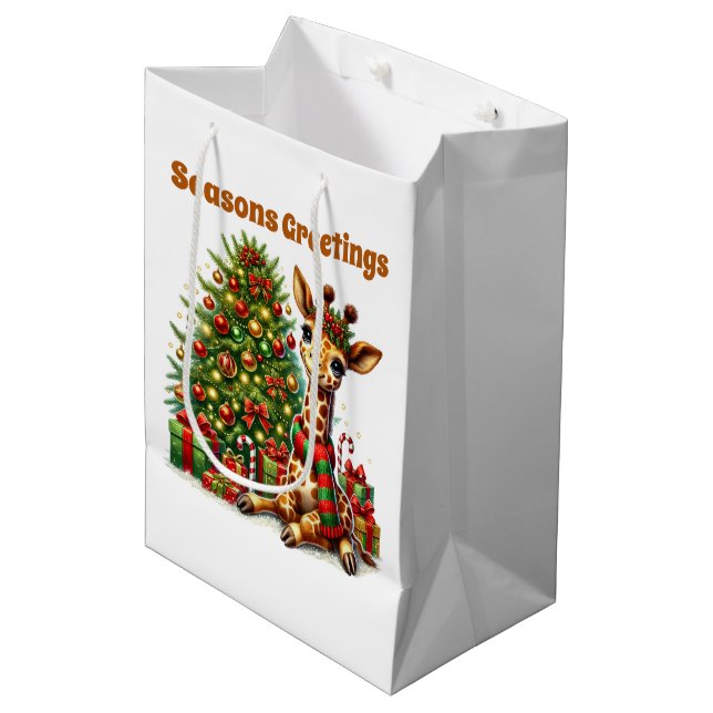 Festive Christmas customisable giraffe Medium Gift Bag (Front Angled)