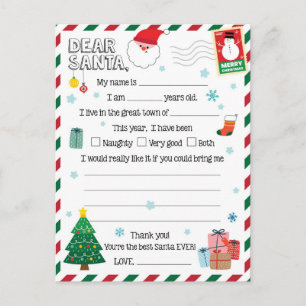Festive Christmas dear Santa letter Holiday Postcard