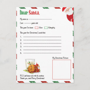 Festive Christmas dear Santa letter Holiday Postcard
