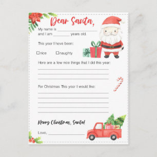 Festive Christmas dear Santa letter Holiday Postcard