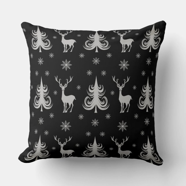 Festive Christmas Deer Pattern Black Cushion (Front)