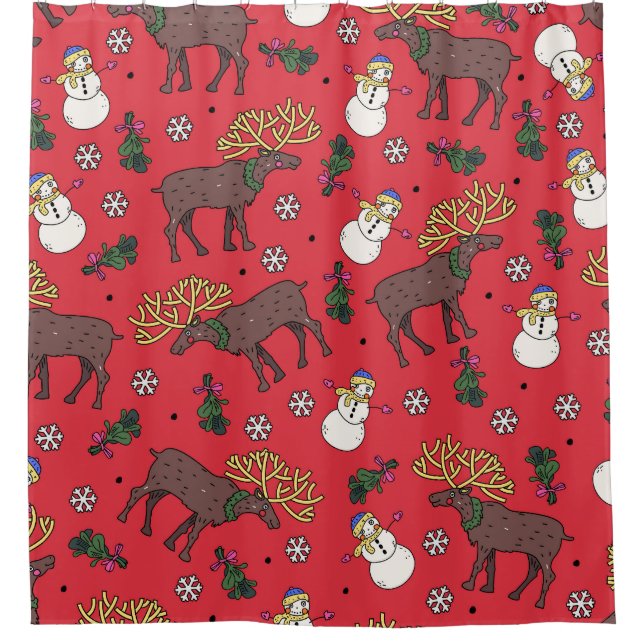 Festive Christmas Deer: Snowman Pattern Shower Curtain (Front)