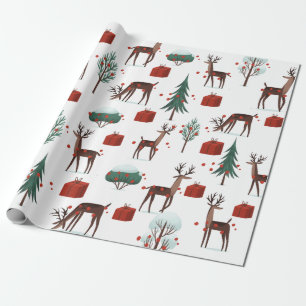 Festive Christmas Deer Trees Packages Gifts Wrapping Paper