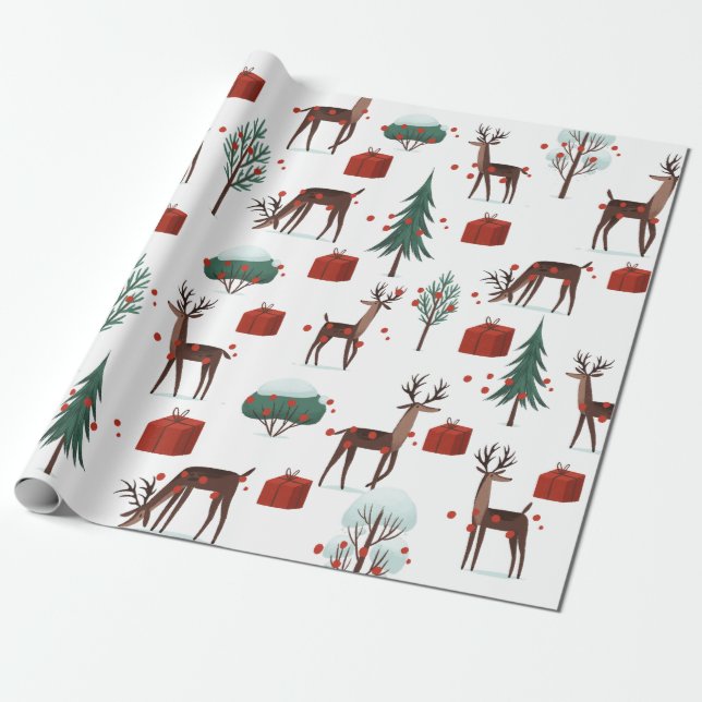 Festive Christmas Deer Trees Packages Gifts Wrapping Paper (Unrolled)