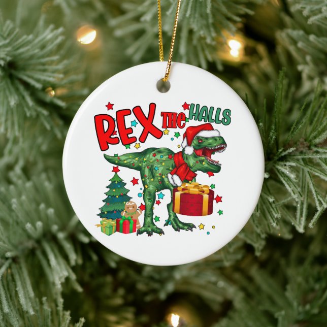 festive Christmas dinosaur add sentiment Ceramic Tree Decoration (Tree)