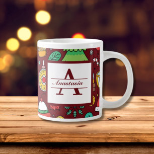 Festive Christmas Doodles Monogram Large Coffee Mug
