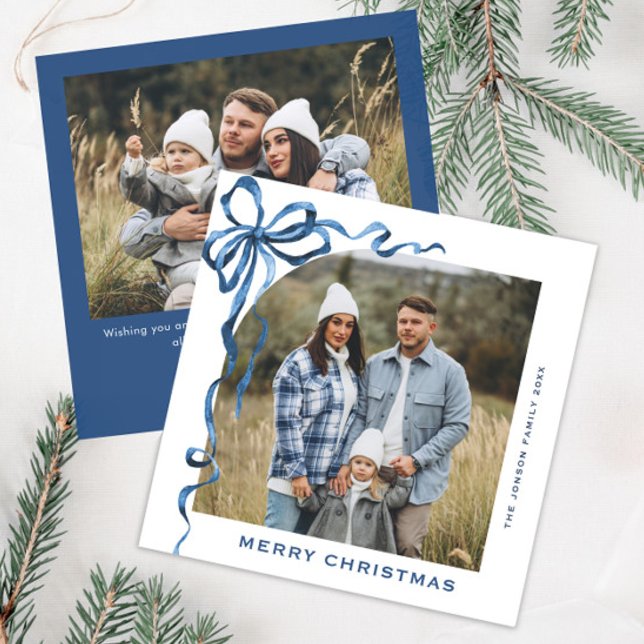 Festive Christmas Dusty Blue Bow Ribbon 2 Photo Holiday Card (Creator Uploaded)