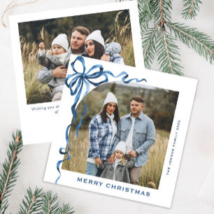Festive Christmas Dusty Blue Bow Ribbon 2 Photo Holiday Card