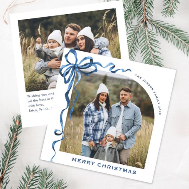 Festive Christmas Dusty Blue Bow Ribbon 2 Photo Holiday Card (Creator Uploaded)