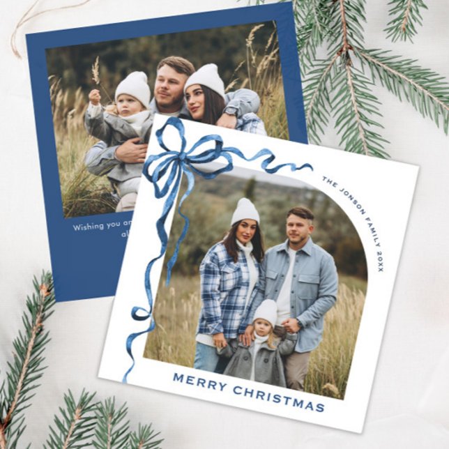 Festive Christmas Dusty Blue Bow Ribbon 2 Photo Holiday Card (Creator Uploaded)