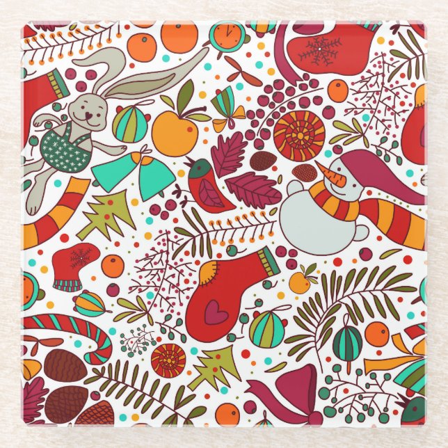 Festive Christmas Elements Seamless Design Glass Coaster (Front)
