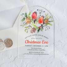 Festive Christmas Eve Watercolor Bullfinch Floral
