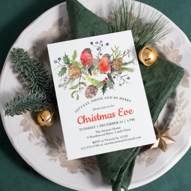 Festive Christmas Eve Watercolor Bullfinch Floral Invitation (Creator Uploaded)