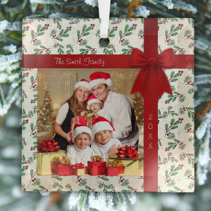 Festive Christmas Family Photo Glass Ornament