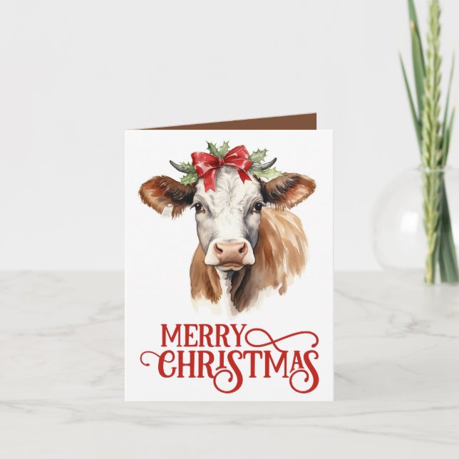 Festive Christmas farm cow add sentiment  Holiday Card (Front)