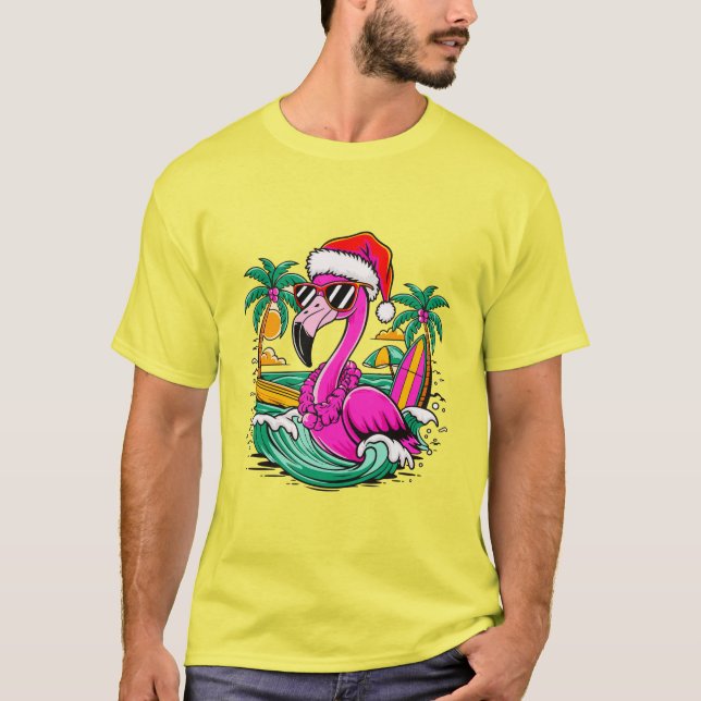 Festive Christmas Flamingo Fun in Paradise T-Shirt (Front)