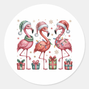 Festive Christmas Flamingo Holiday Cute Xmas Light Classic Round Sticker
