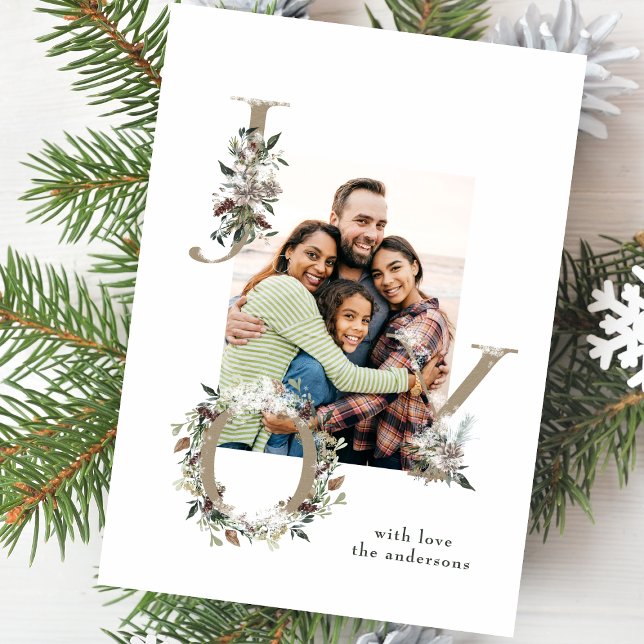 Festive Christmas Floral Alphabet JOY Photo Holiday Card (Creator Uploaded)