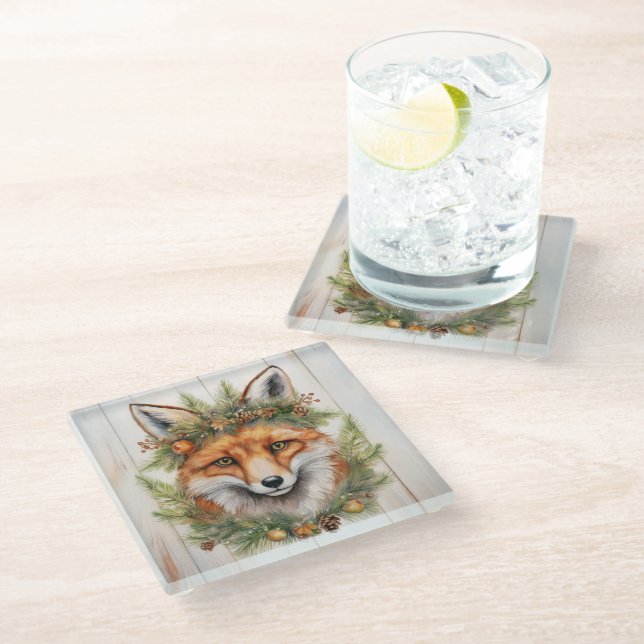Festive Christmas Fox Glass Coaster (Angled)