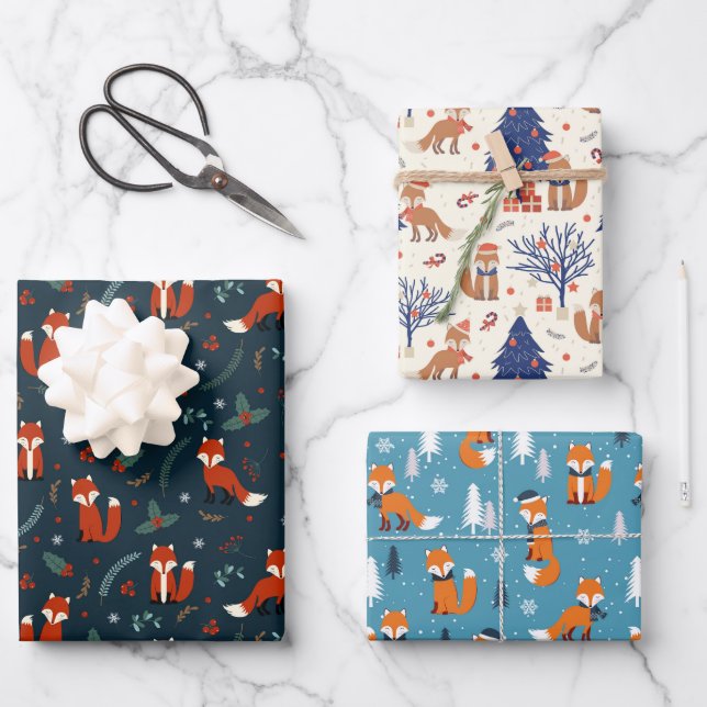 Festive Christmas fox tiled pattern Wrapping Paper Sheet (Front)