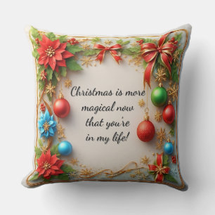 Festive Christmas Frame with Poinsettias Cushion