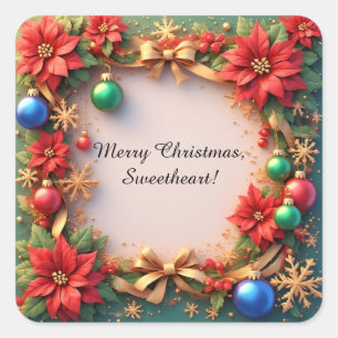 Festive Christmas Frame with Poinsettias Square Sticker