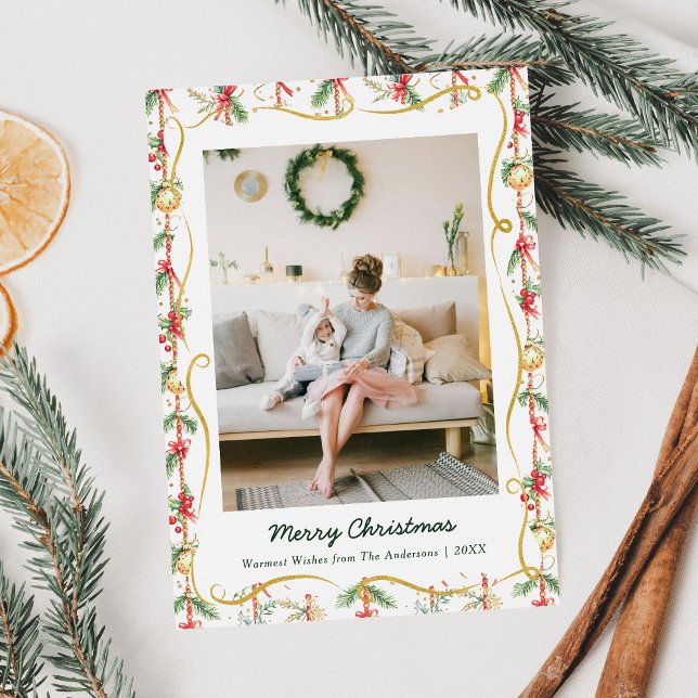 Festive Christmas Garland & Bow Pattern 1 Photo Holiday Card (Creator Uploaded)