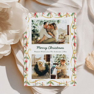 Festive Christmas Garland & Bow Pattern 3 Photo Holiday Card