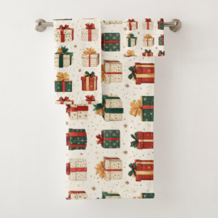Festive Christmas Gift Wrap Design Pattern Bath Towel Set