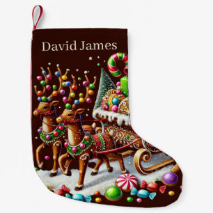 Festive Christmas Gingerbread sleigh add name Small Christmas Stocking