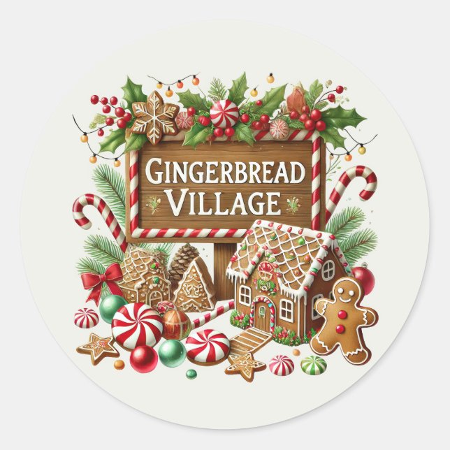 Festive Christmas gingerbread village  Classic Round Sticker (Front)