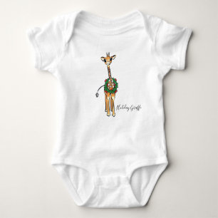 Festive Christmas Giraffes, red green Holly wreath Baby Bodysuit