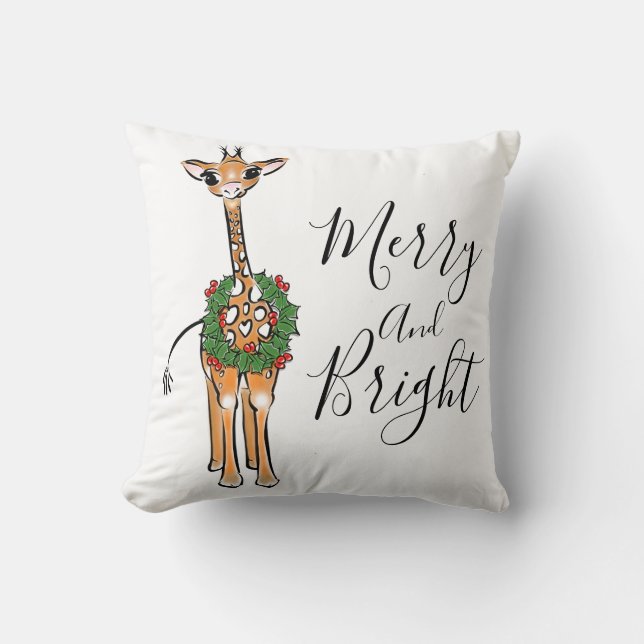 Festive Christmas Giraffes, red green Holly wreath Cushion (Front)