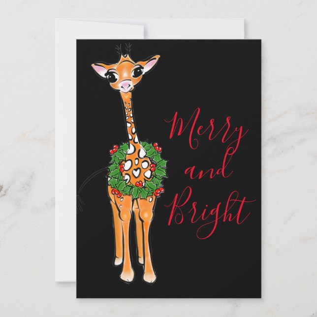 Festive Christmas Giraffes, red green Holly wreath Invitation (Front)