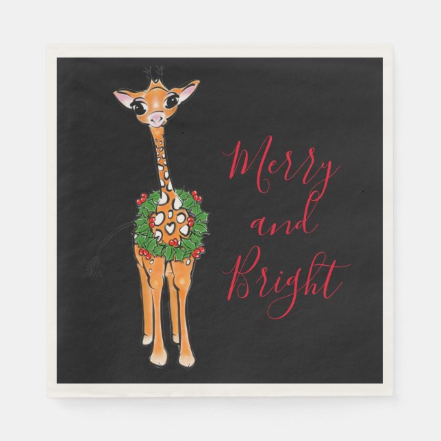 Festive Christmas Giraffes, red green Holly wreath Napkin (Front)