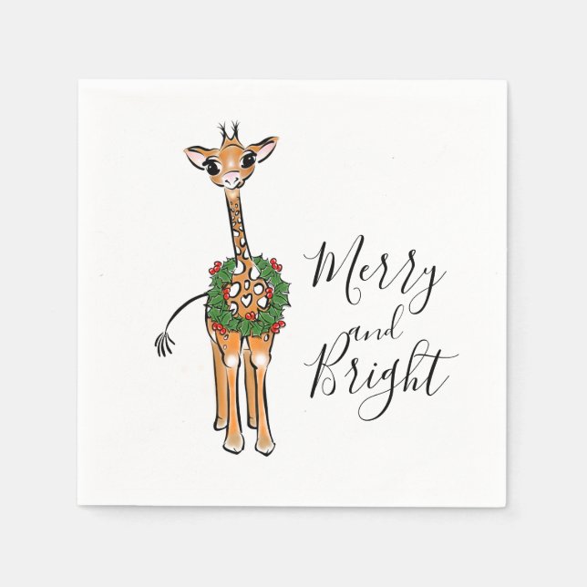 Festive Christmas Giraffes, red green Holly wreath Napkin (Front)