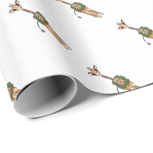 Festive Christmas Giraffes, red green Holly wreath Wrapping Paper (Roll Corner)