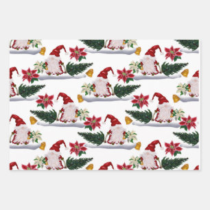Festive Christmas Gnomes, Poinsettia and Bells Wrapping Paper Sheet