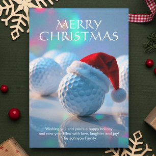 Festive Christmas Golf Ball with Santa Hat Holiday Card